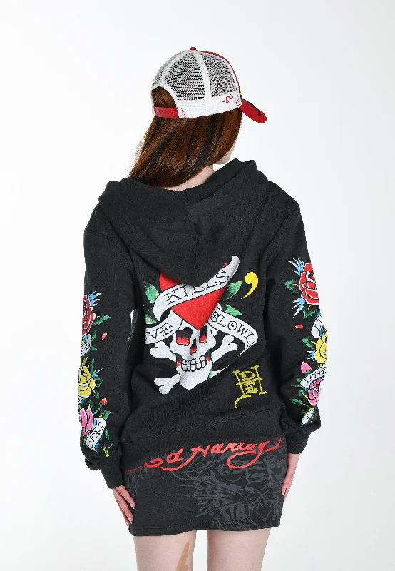 Womens Lucky-Love Graphic Zip Through Hoodie - Charcoal