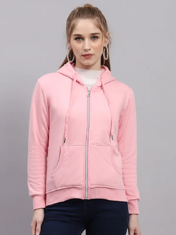 Women Pink Solid Hooded Full Sleeve Sweatshirt