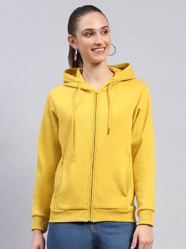 Women Yellow Solid Hooded Full Sleeve Sweatshirt