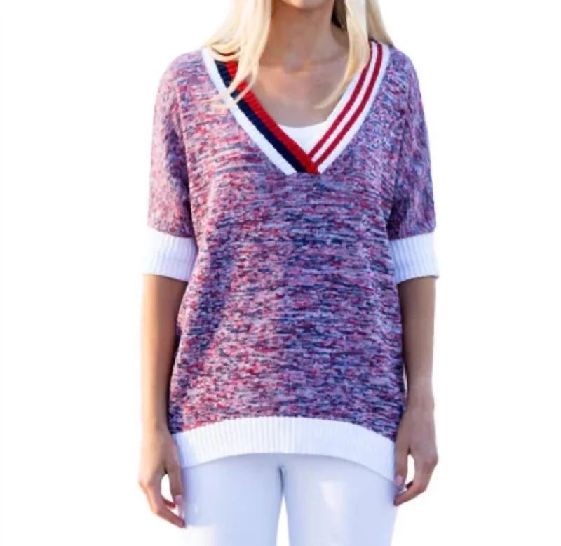 Marled V-Neck Elbow Sleeve Sweater In Red/white/navy