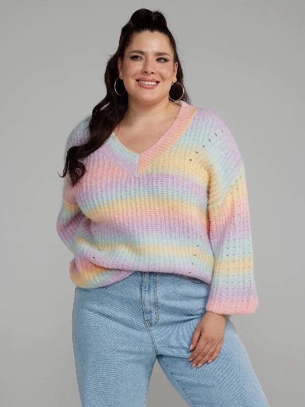 V-Neck Multicolor Striped Sweater