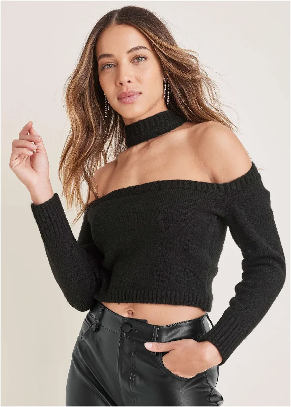 Wrap Halter Neck Sweater - Black