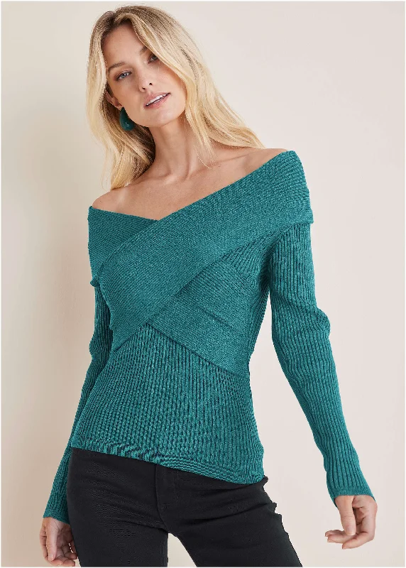 Ribbed Knit Wrap Sweater  - Deep Lake