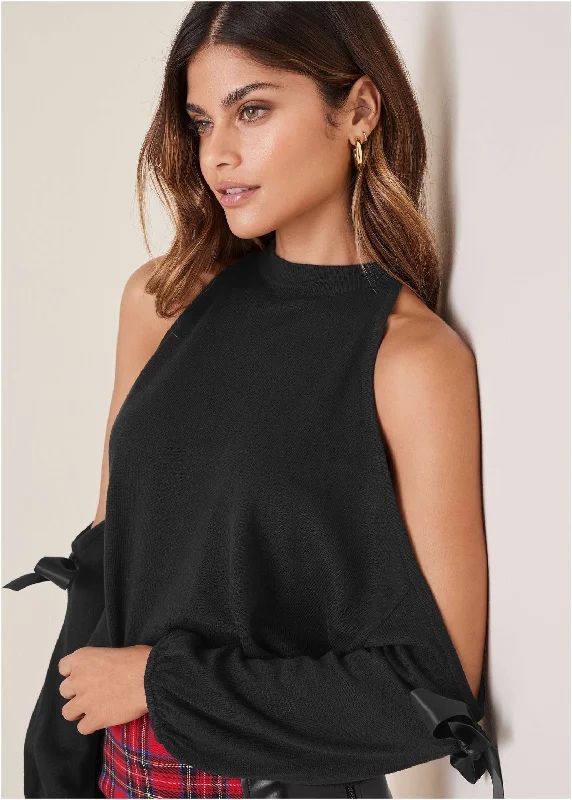 Cold Shoulder Bow Sweater - Black