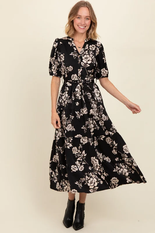 Black Floral Button Down Front Tie Midi Dress