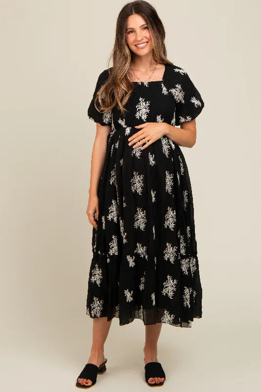 Black Floral Print Ruffle Hem Maternity Midi Dress