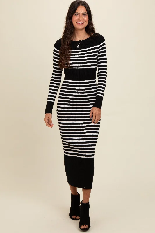 Black Striped Midi Sweater Dress