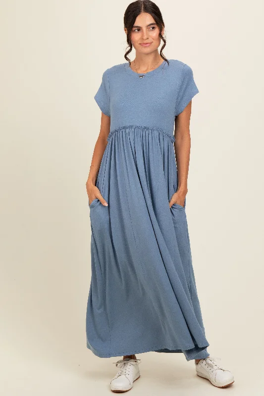 Blue Ruffle Trim Maxi Dress