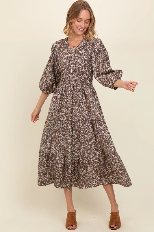 Brown Floral Button Front V-Neck Midi Dress