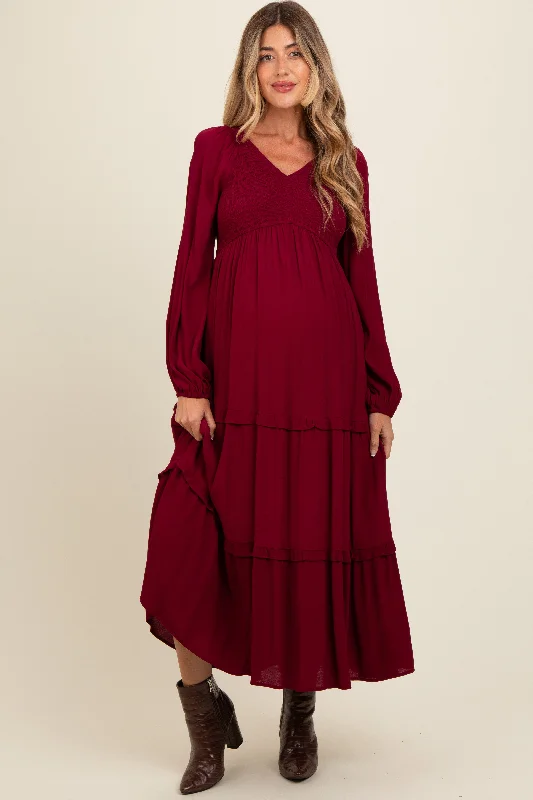 Burgundy Smocked Tiered Maternity Midi Dress