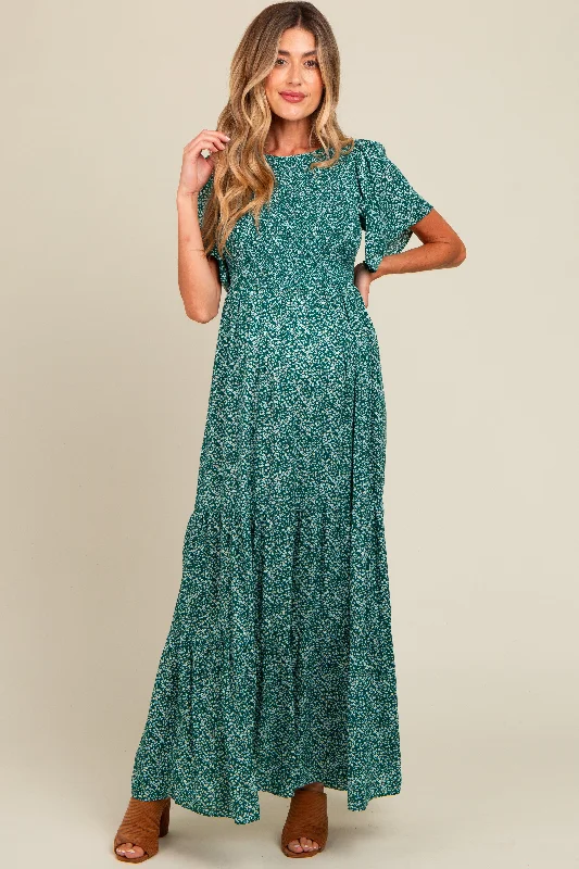 Deep Teal Floral Smocked Flutter Sleeve Maternity Maxi Dress