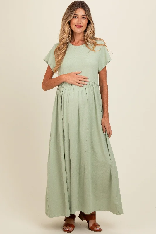 Light Olive Ruffle Trim Maternity Maxi Dress