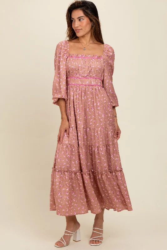 Mauve Satin Floral Pleated Tiered Maxi Dress