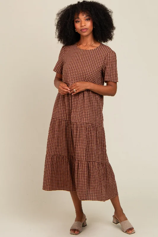 Mocha Gingham Tiered Midi Dress