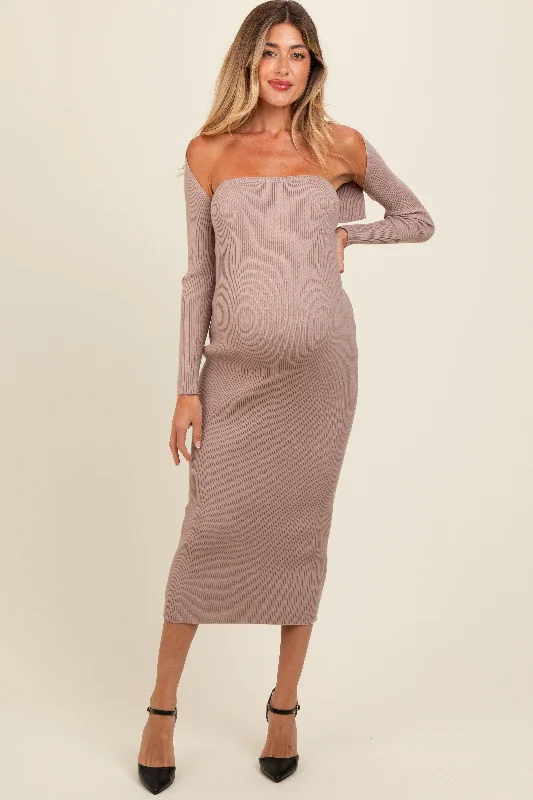 Taupe Knit Shrug Fitted Maternity Midi Dress