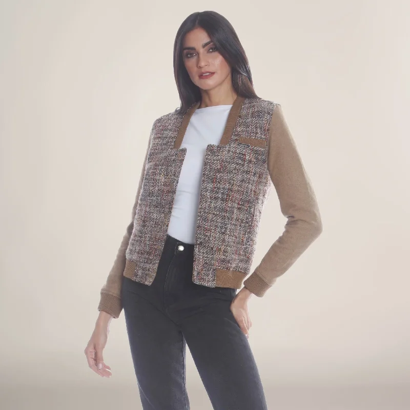 Women's Updated Tweed Varsity Jacket with Contrast Sleeve