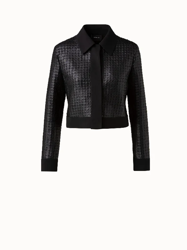 Wool Double-Face Short Jacket with with Faux Leather Superposé Grid Embellishment