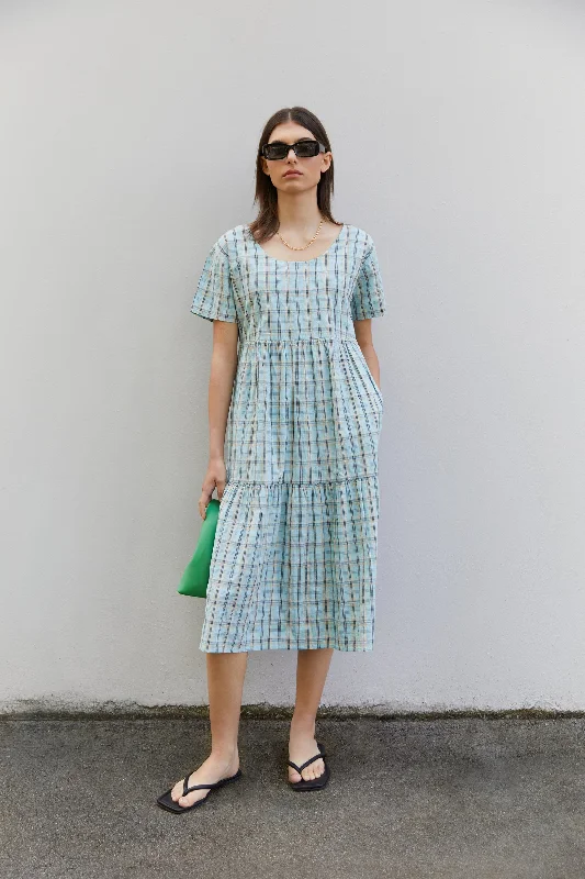 PLAID TIERED MIDI DRESS